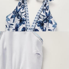 Women Adjustable Shoulder Strip Plant Prints One Piece Swimsuit and Skirt/Sarong