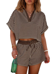 Womens Striped 2 Piece Short Sets Summer Short Sleeve Collared