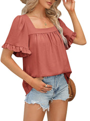 Women's Sqaure Neck Ruffle Sleeve Blouses Peplum Tops