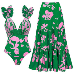 Women Adjustable Shoulder Strip Plant Prints One Piece Swimsuit and Skirt/Sarong