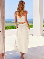 2 Pieces Outfits One Shoulder High Waist Long Skirt Dress Set with Pockets