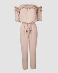 Womens Off Shoulder Frill Hem Tied Detail Jumpsuit