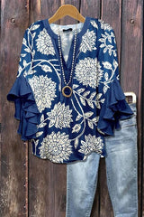 Women's Mixed Floral Print Ruffle Bell Sleeve Top