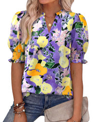 Women Floral Boho V Neck Puff Short Sleeve Top Casual 2026 Summer Blouses