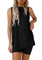 Women Summer Matching 2 Piece Outfit Split Hem Top & Shorts Set