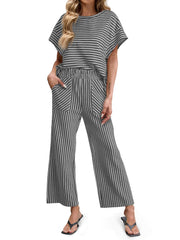 ⏰Hot Sale-Womens Striped 2 Piece Sets Short Sleeve T Shirts Wide Leg Pants with Pockets