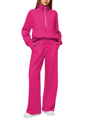 Women's Oversized Half Zip Wide Leg 2 Piece Outfits Lounge Set