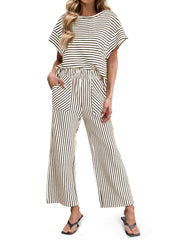 ⏰Hot Sale-Womens Striped 2 Piece Sets Short Sleeve T Shirts Wide Leg Pants with Pockets