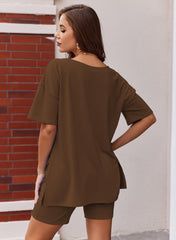 Womens Reversible Oversized V Neck T-Shirts Tops Biker Shorts Set