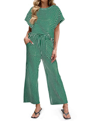 ⏰Hot Sale-Womens Striped 2 Piece Sets Short Sleeve T Shirts Wide Leg Pants with Pockets