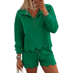 ⏰Hot Sale-Women Scalloped Hem Half Button Polo Two Piece Set