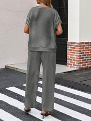 Womens Striped 2 Piece Sets Short Sleeve T Shirts Wide Leg Pants with Pockets