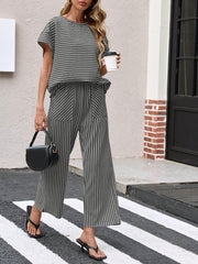 ⏰Hot Sale-Womens Striped 2 Piece Sets Short Sleeve T Shirts Wide Leg Pants with Pockets