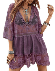 Women's Contrast Lace Bathing Suit Cover Up V-Neck Swimsuit Coverups