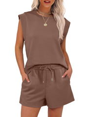 New Women's Cap Sleeve Crewneck Tops and Drawstring Short Outfits Two Piece Sets