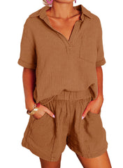 ✨Women's Two Piece Outfits V Neck Short Sleeve Shirts and High Waist Shorts Lounge Sets