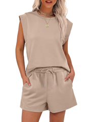 New Women's Cap Sleeve Crewneck Tops and Drawstring Short Outfits Two Piece Sets