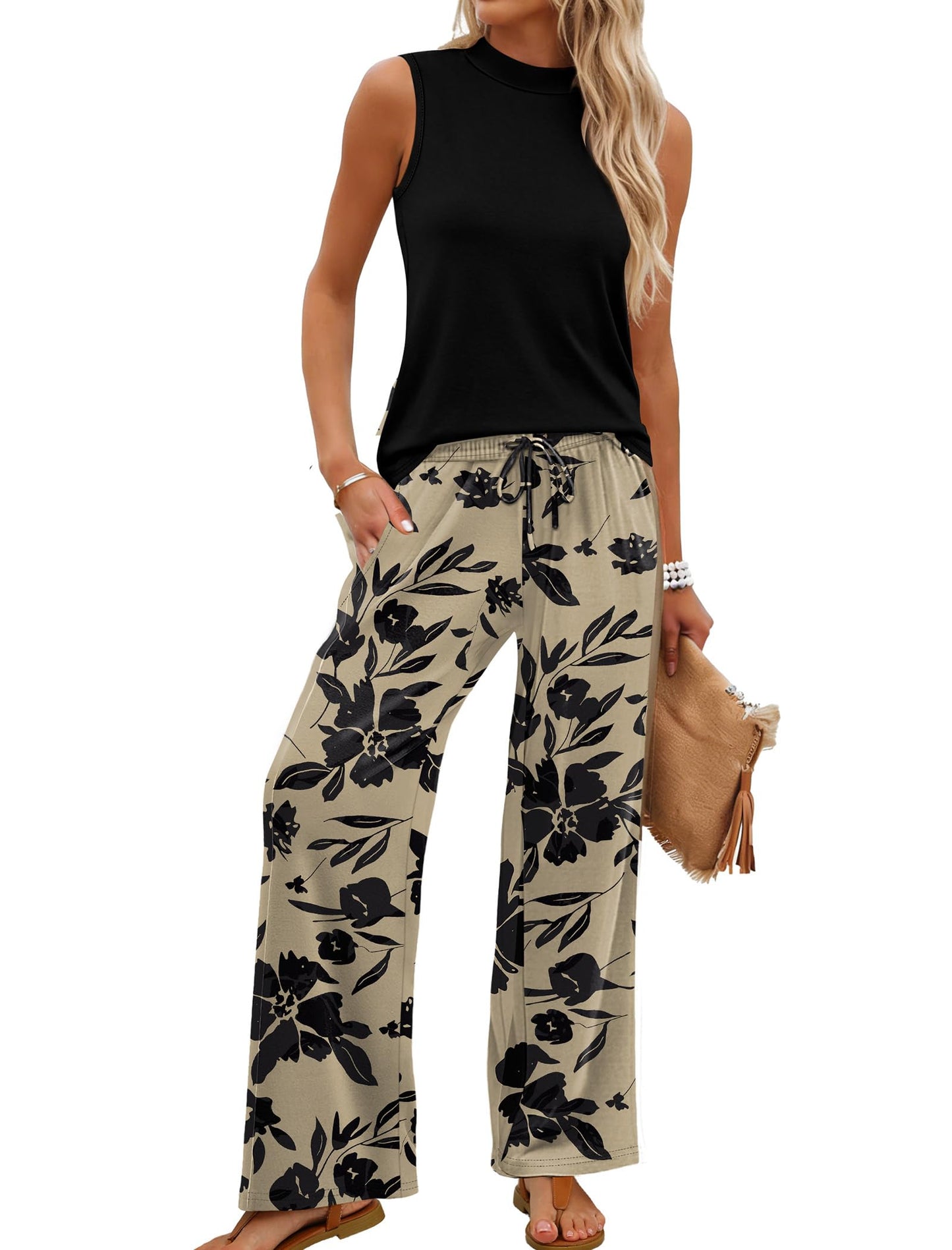 ⏰Hot Sale-Women Summer Spring Outfits Mock Neck Wide Leg Pants Two Piece Set