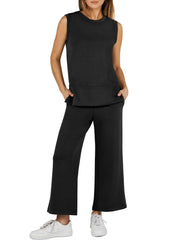 2024 SUMMER NEW Women's Sleeveless Slit Hem Wide Leg Suit Casual Two Piece Set