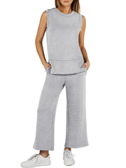 2024 SUMMER NEW Women's Sleeveless Slit Hem Wide Leg Suit Casual Two Piece Set