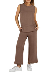 2024 SUMMER NEW Women's Sleeveless Slit Hem Wide Leg Suit Casual Two Piece Set