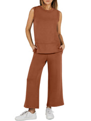 2024 SUMMER NEW Women's Sleeveless Slit Hem Wide Leg Suit Casual Two Piece Set