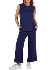 2024 SUMMER NEW Women's Sleeveless Slit Hem Wide Leg Suit Casual Two Piece Set