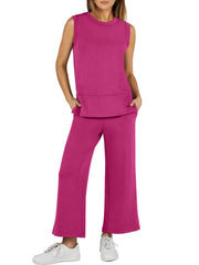 2024 SUMMER NEW Women's Sleeveless Slit Hem Wide Leg Suit Casual Two Piece Set