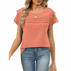 Women's Summer Ruffle Short Sleeve Crew Neck Pleated Front Tops