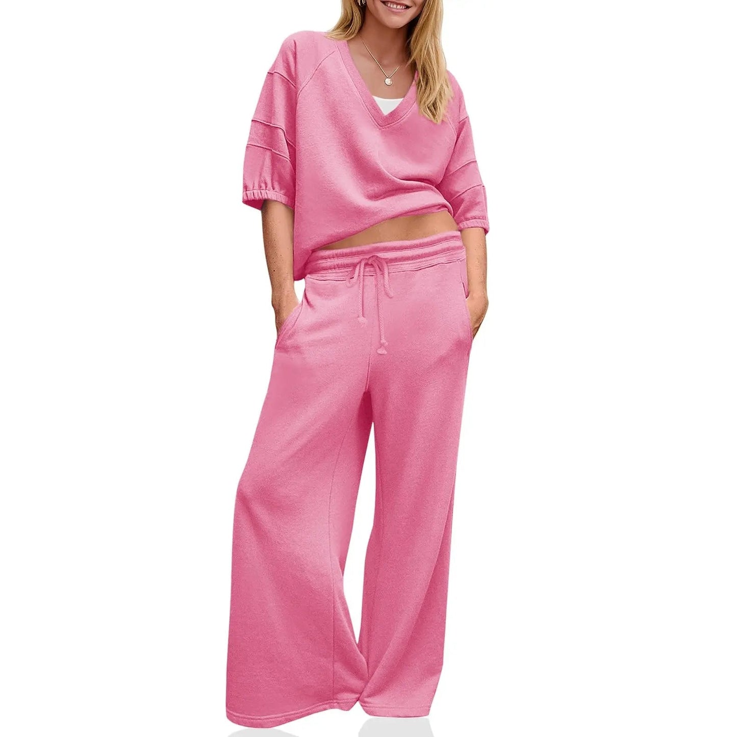 Womens 2 Piece Outfits Casual V Neck Shirts Wide Leg