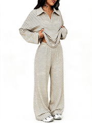 Women Striped V‑Neck Two‑Piece Casual Set