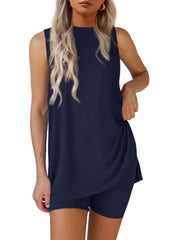 Women Summer Matching 2 Piece Outfit Split Hem Top & Shorts Set