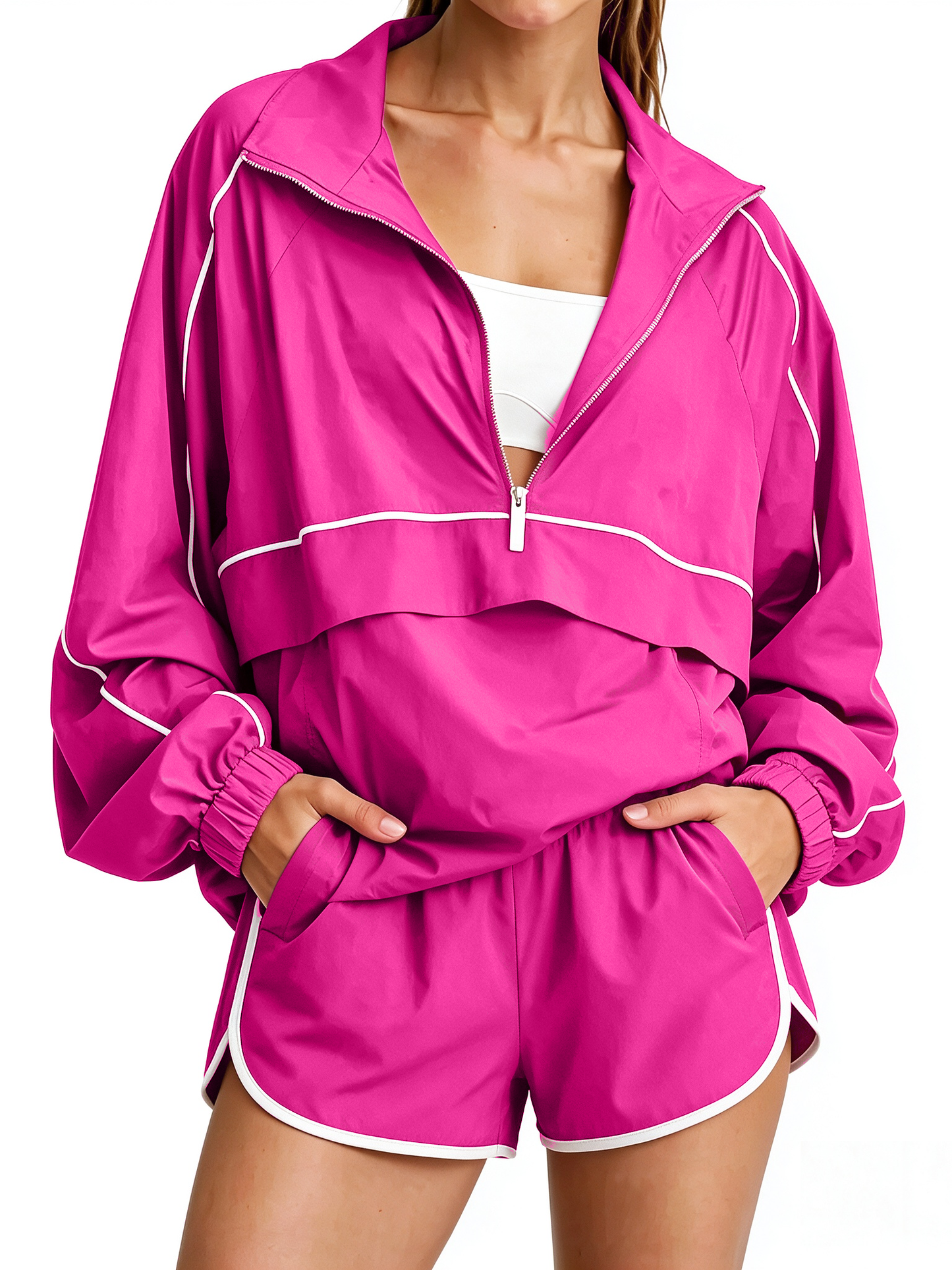 Women's Quarter Zip Loose-fitting Sports Jacket and Shorts Set