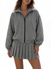 Women Casual Vertical Textured Two‑Piece Zip Jacket High Waist Pleated Skirt