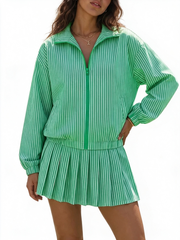 Women Casual Vertical Textured Two‑Piece Zip Jacket High Waist Pleated Skirt