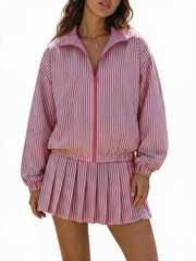 Women Casual Vertical Textured Two‑Piece Zip Jacket High Waist Pleated Skirt