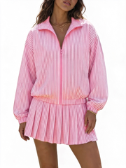 Women Casual Vertical Textured Two‑Piece Zip Jacket High Waist Pleated Skirt