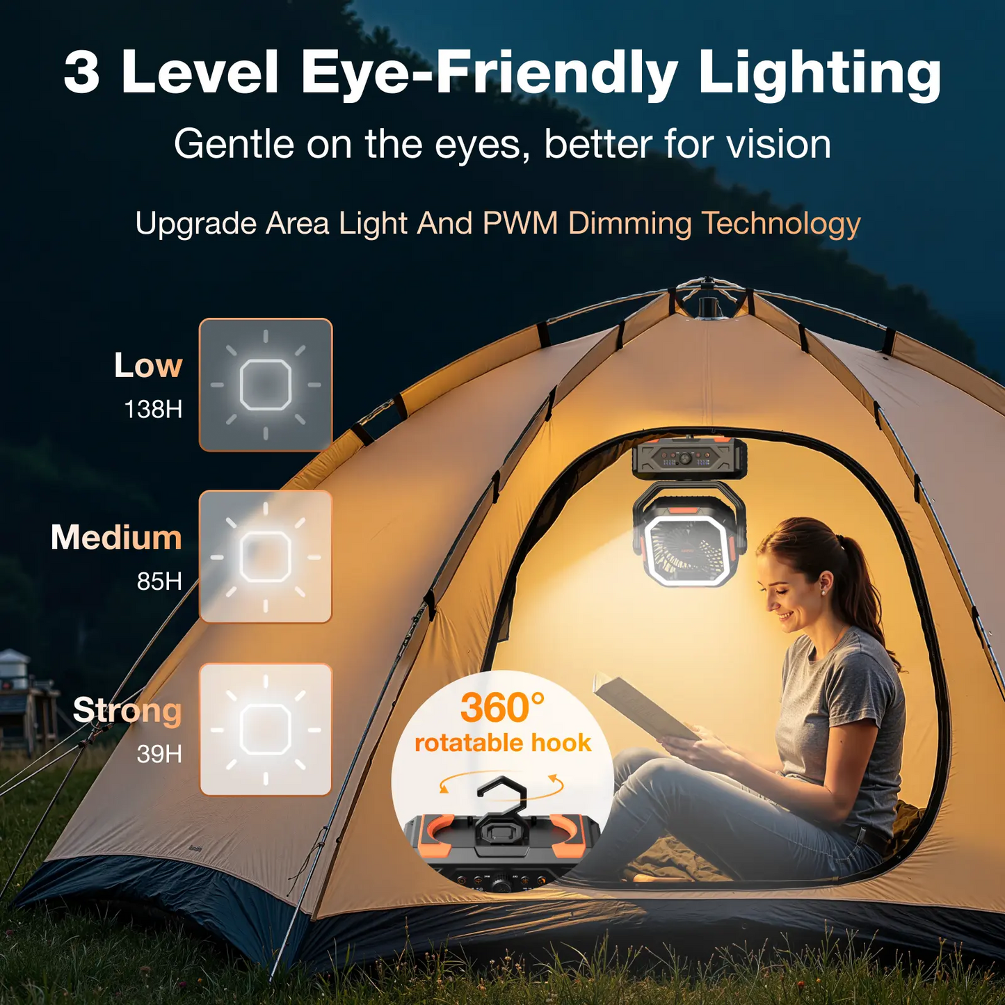 30000mAh Rechargeable Camping Fan with LED Light, Remote Control & Oscillation