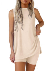 Women Summer Matching 2 Piece Outfit Split Hem Top & Shorts Set