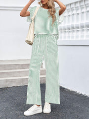⏰Hot Sale-Womens Striped 2 Piece Sets Short Sleeve T Shirts Wide Leg Pants with Pockets
