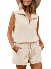 Womens 2 Piece Outfits Short Sets Half Zip Sleeveless Tops and Drawstring Shorts