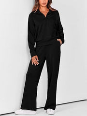 Women's Lapel Half Zip Sweatshirts And Wide Leg Pants Tracksuit Sets