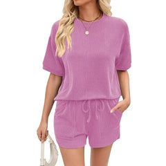 Women's Ribbed Crew Neck Short-Sleeve Top and Shorts Two-Piece Set
