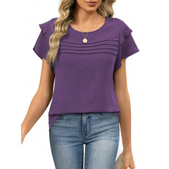 Women's Summer Ruffle Short Sleeve Crew Neck Pleated Front Tops