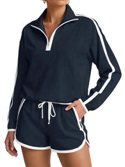 ⏰Hot Sale-Women's Half-Zip Long Sleeve Top & Shorts Casual Two-Piece Set