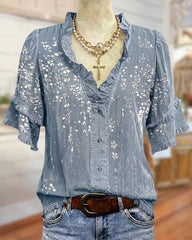 Ruffle Trim V Neck Tiered Sleeve Floral Button Front Blouse