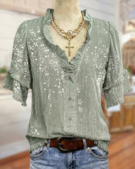Ruffle Trim V Neck Tiered Sleeve Floral Button Front Blouse