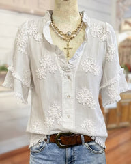 Ruffle Trim V Neck Tiered Sleeve Floral Button Front Blouse