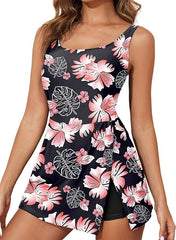 Women Tummy Control Split Swim Dress Skirt Bathing Suit with Pockets