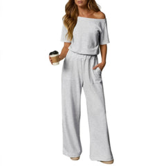 🔥Women's Short Sleeve Back Cutout Casual Wide Leg Loose Fit One-Piece Jumpsuit